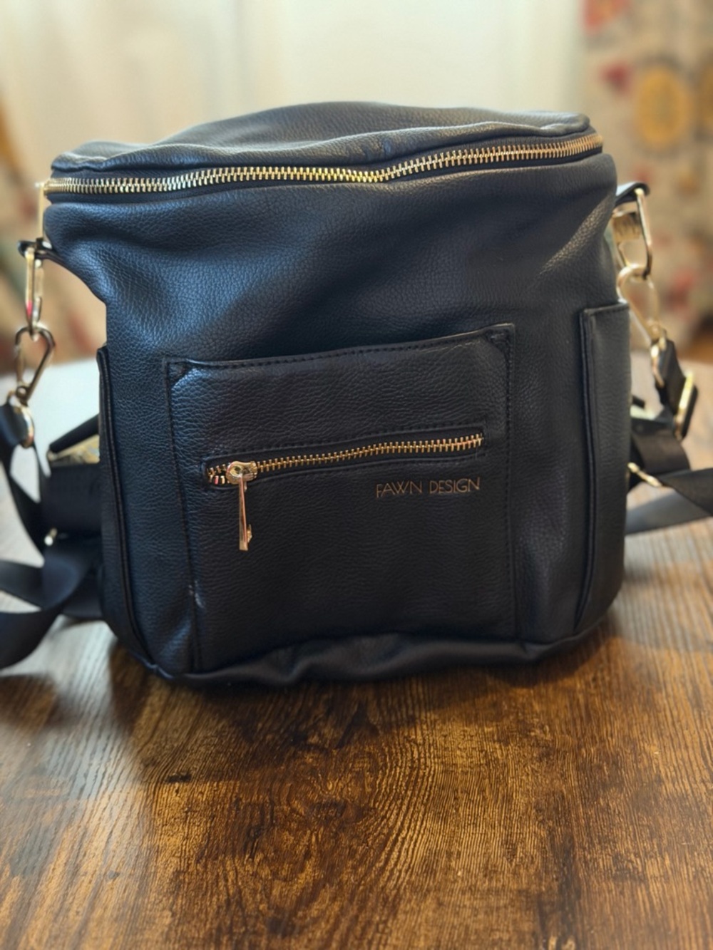 Fawn Design Black Leather Gold-Zip Crossbody/ backpack Bag